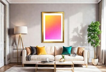 Yellow and orange artwork brings a pop of color to this stylish living room, Brighten up your space...