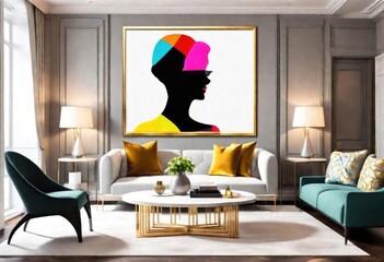 Artistic touch: silhouette painting in colorful living area, Colorful painting of woman's silhouette in modern living space, Cozy room with striking woman silhouette artwork.