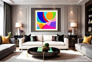 A pop of color with an abstract painting in the living room, Colorful abstract artwork adorns the living room wall, Bright and bold abstract painting adds color to the room.  
