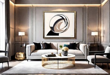 Chic living area with eye-catching painting above sofa, Modern home décor with stunning artwork as focal point, Contemporary living space featuring large wall painting.