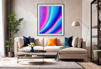 Expressive painting brings energy to the living space, Dynamic abstract art creates a focal point in the room, Colorful modern artwork enhances the living room décor.