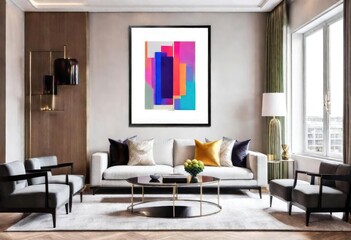 Playful hues in a framed abstract painting adorn the living room, Abstract art creates a bold focal point in the room, Colorful framed artwork brightens up the space.