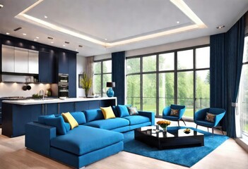 Chic blue living area complemented by cheerful yellow décor elements, Modern living space in cool blue hues with pops of sunny yellow, A serene blue living room with vibrant yellow accents.