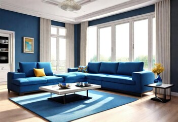 Relaxing ambiance with blue décor, Inviting blue-themed lounge area, Serene blue living room with comfy couch.