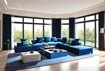 Inviting living room featuring a blue sectional sofa and central coffee table, Modern living room with stylish blue sectional sofa and coffee table, Blue sectional sofa and coffee table.