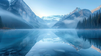A serene landscape painting of the ghostly glacial lake in Lake louise, Canada with misty mountains and blue sky. The reflection on water is ethereal and dreamlike. Created with Ai