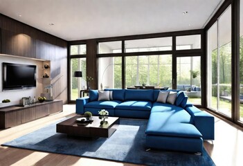 Blue sectional sofa as the focal point of a trendy lounge, Chic interior with vibrant blue sectional sofa, Modern blue sectional sofa in sleek living room setting.