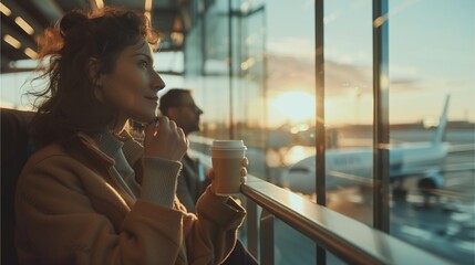 Silhouette of a woman waiting inside an airport terminal, surrounded by travelers, airplanes, and luggage, with large windows revealing the outside view - obrazy, fototapety, plakaty