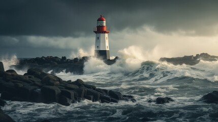 A lighthouse stands on the shore in a stormy landscape, a leader and a visionary.