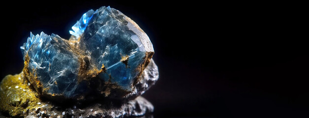 Schmiederite is rare precious natural stone on black background. AI generated. Header banner mockup with space.