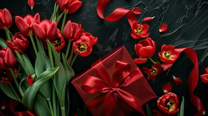 A stunning display of red tulips and daffodils in a top down view complemented by a gift box adorned with a vibrant red ribbon set against a chic black backdrop This arrangement embodies th