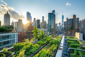 Fototapeta premium Bustling urban landscape with green roofs, rooftop gardens