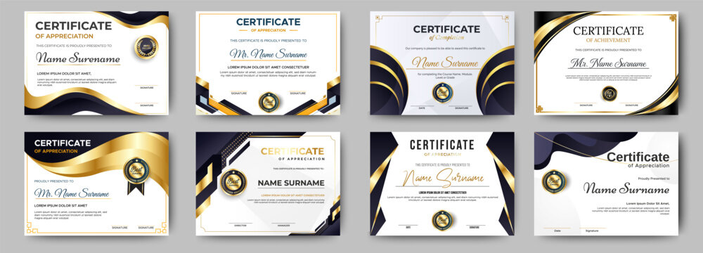 Black and gold certificate of appreciation border template with luxury badge and modern line and shapes. For award, business, and education needs. Diploma vector template