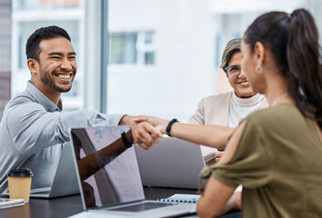 Business people, handshake and deal in meeting for unity, teamwork and partners for merger....
