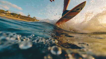 Surfer feet on a surf board on a wave - obrazy, fototapety, plakaty