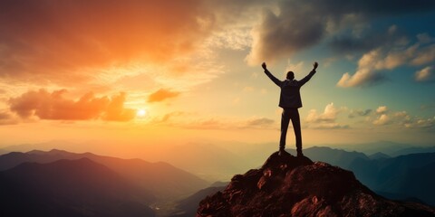 Raising arms on top of mountain with blue sky and sunlight The concept of being a successful leader with goals, growth, and upwards.