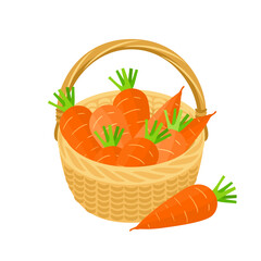 Basket with carrots. Food icon. Vector cartoon flat illustration of fresh vegetables.