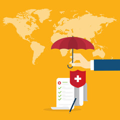 Medical healthcare insurance. Red shield on patient protection policy and pen on a world map background. International health insurance concept.