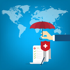 Medical healthcare insurance. Red shield on patient protection policy and pen on a world map background. International health insurance concept.