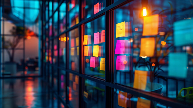 Sticky Note Post It Board Office. Business people meeting at office and use post it notes to share idea. Brainstorming concept. Sticky note on glass wall or blackboard. Set of colorful blank notes. 