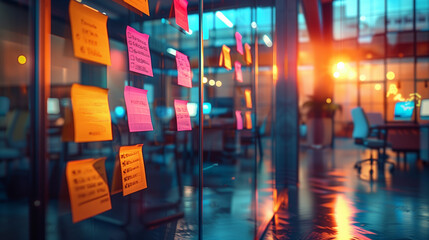 Sticky Note Post It Board Office. Business people meeting at office and use post it notes to share idea. Brainstorming concept. Sticky note on glass wall or blackboard. Set of colorful blank notes.  - Powered by Adobe