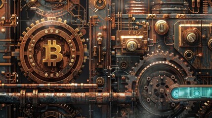 Fototapeta premium Steampunk-inspired Bitcoin concept fusing ancient gears with modern digital technology