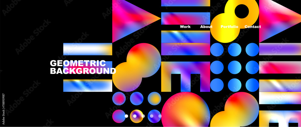 Aufkleber Vibrant geometric shapes of circles and triangles in electric blue and magenta on a black background create a colorful visual effect perfect for technology events and entertainment displays