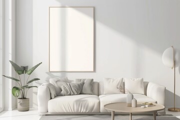 Scandinavian style living room with poster mockup created with generative ai