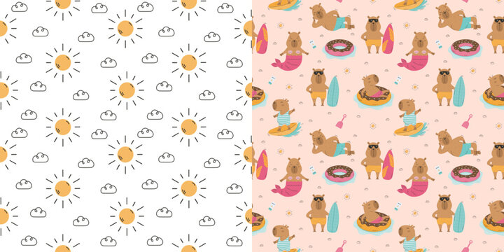 Summer seamless pattern with funny capybaras