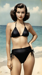 Vintage photography of woman in bikini on beach
