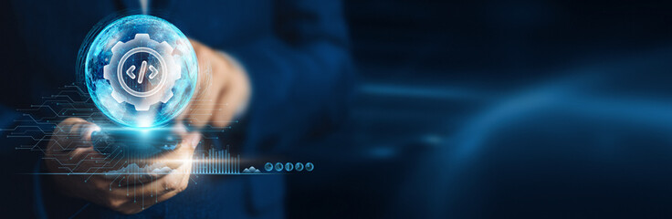 Businessman using mobile smartphone for global network connections on software development and...