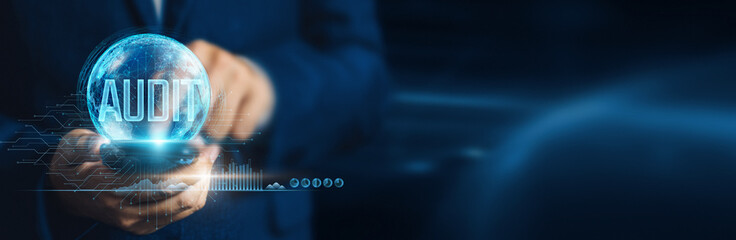 Businessman using mobile smartphone on global network connection for auditing and analysis with...
