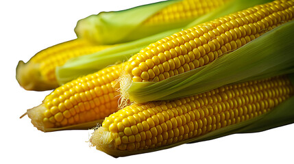 A few yellow corn cobs with green leaves, against a white background