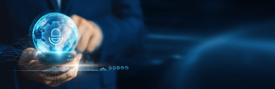 Businessman using mobile smartphone on global network connection for audio processing and data analysis with advanced software tools and development of cutting-edge technology. - Powered by Adobe