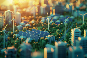 Aerial view of a cityscape powered by solar panels and wind turbines, vibrant energy theme