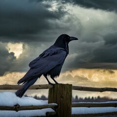 a majestic raven resting on a wooden fence, silhouetted against the dramatic backdrop of a stormy winter sky. The dark clouds swirl ominously overhead, hinting at the raw power of nature as the raven 