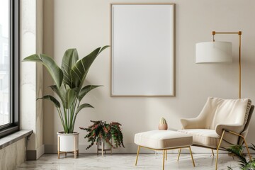 Scandinavian style living room with poster mockup created with generative ai