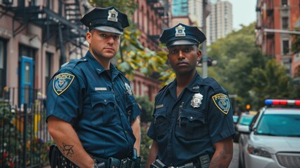 two cops standing next to each other, one a white