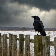 crow on a fence.a solitary raven perched on a weathered fence against the backdrop of a gloomy winter day. The stormy sky looms ominously overhead, casting an eerie atmosphere over the scene as the ra