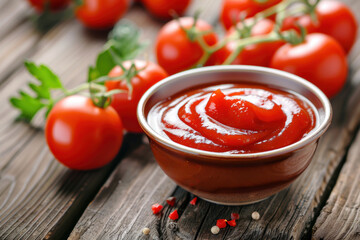 tomato sauce or ketchup in a small bowl with fresh tomatoes on a wooden table