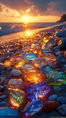 Obraz premium A beach scene with a long line of colorful rocks