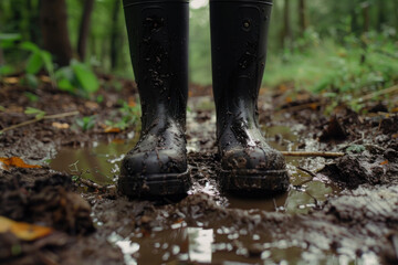 black rain boots with mud. muddy forest background