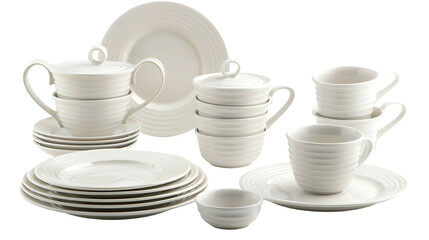 A set of white porcelain dinnerware including plates, bowls and cups with a simple spiral pattern...