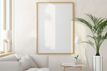 Scandinavian style living room with poster mockup created with generative ai