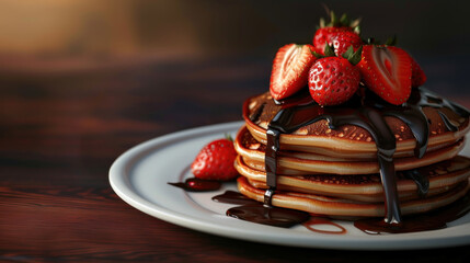 stack of pancakes with chocolate sauce and strawberries on a plate and wooden table