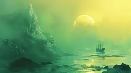 Tuinposter Green and yellow floating ocean and boat illustration poster background © jinzhen