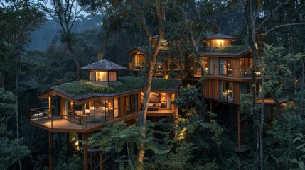 A series of cozy and luxurious treehouse suites perched high in the treetops offering a tranquil and comfortable sleep a nature. 2d flat cartoon.