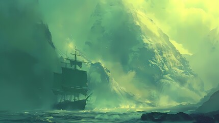 Fototapeta premium Green and yellow floating ocean and boat illustration poster background