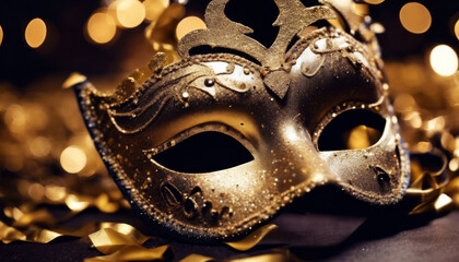 Carnival Party Dark Background Golden confetti Mask Venetian gold eve masquerade black mardi disguise celebration holiday traditional new year fac