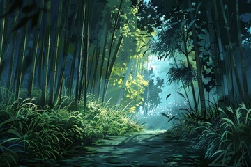A tranquil bamboo forest with towering trunks swaying in the breeze.